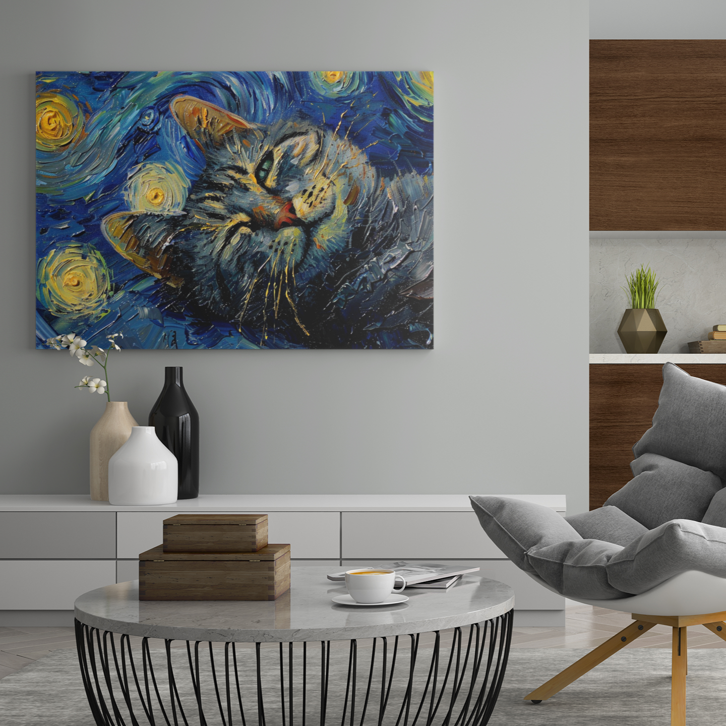 Magical Cat in a Starry Night CANVAS. 40x28, 47x31
